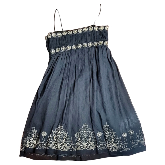 Maggie London Silk & Chiffon‎ Spaghetti Strap Gold Embroidered Baby Doll Dress - Picture 1 of 11